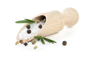 Salt with rosemary and peppercorns in scoop isolated on white