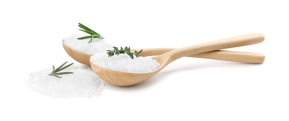 Salt with fresh rosemary and thyme in spoons isolated on white