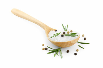 Salt with rosemary and peppercorns in spoon isolated on white