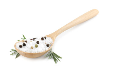 Salt with rosemary and peppercorns in spoon isolated on white