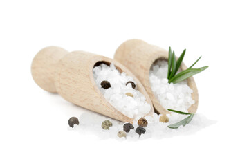 Salt with rosemary and peppercorns in scoops isolated on white