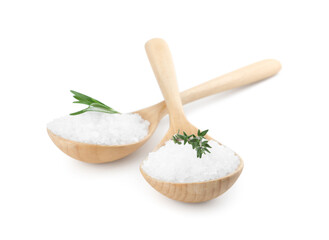 Salt with fresh rosemary and thyme in spoons isolated on white