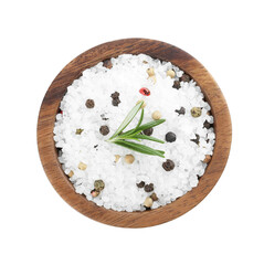 Salt with fresh rosemary and peppercorns in wooden bowl isolated on white, top view