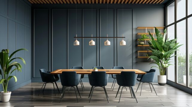 Sleek dining area with blue chairs and wooden table - Elegant dining setup with blue upholstered chairs, wooden table, and modern lighting in an apartment with large windows and a stylish interior