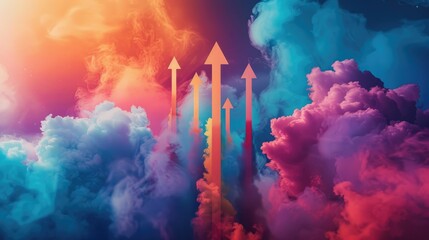 Abstract dynamic arrows taking off in a cloud of smoke. Business success, development and progress, moving forward concept - 773477389