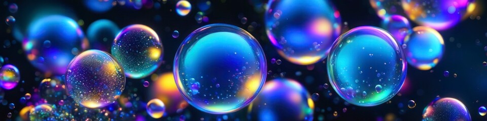 Abstract illustration multicolored bubbles on dark background, background for design, space for text.