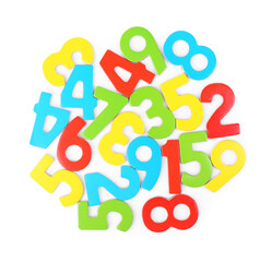 Colorful numbers on white background, top view