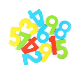 Colorful numbers on white background, top view