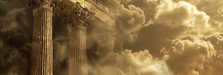 Ancient Greek columns with dramatic sky - Majestic Corinthian Greek columns set against a dramatic, cloud-filled sky, symbolizing ancient history and architecture - obrazy, fototapety, plakaty