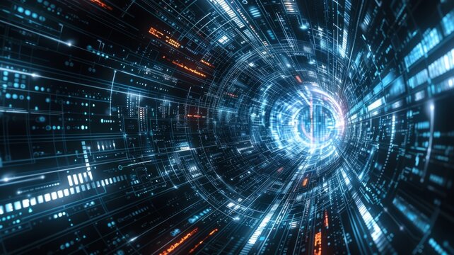 Cyberspace data tunnel with light core visual - Light beams through the core of a data tunnel in an image that captures the essence of digital connectivity