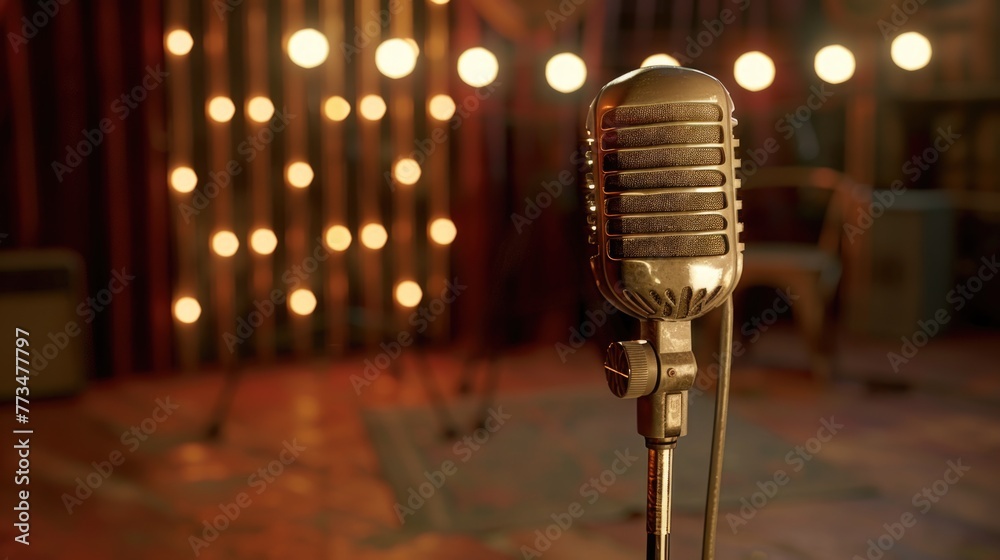 Poster an old fashioned microphone with colorful lights in the background. perfect for music events and ret