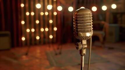 An old fashioned microphone with colorful lights in the background. Perfect for music events and...