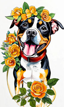 Portrait of American Staffordshire Bull Terrier with flowers on head Drawing marker style Generative AI