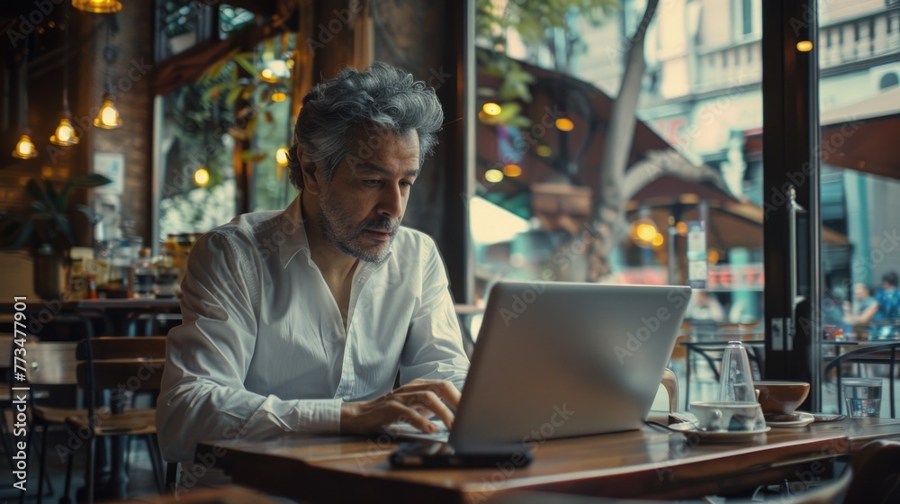 Aufkleber A man sitting at a table using a laptop computer. Suitable for technology and work concepts