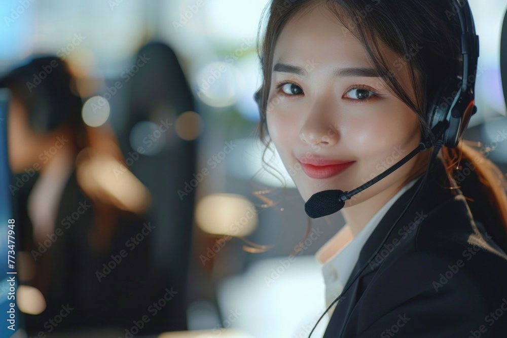 Poster a woman wearing a headset in front of a computer. suitable for business or customer service concepts