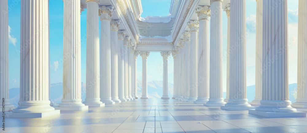 Poster architectural hallway with columns against a beautiful sky background. ideal for interior design pro