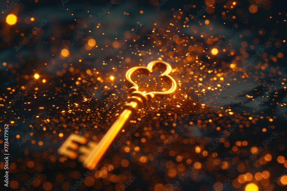 Poster a golden key with a heart-shaped handle. ideal for romantic concepts