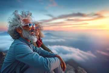 An attractive senior couple sits embraced on a mountain edge, soaking in the serene beauty of the sunset.