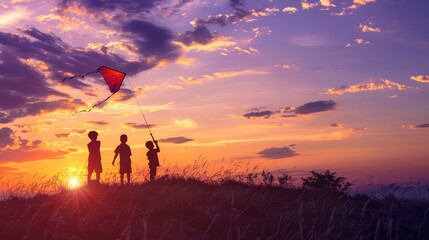 Obraz na płótnie Canvas International Children's Day. Kids playing with kite at sunset, sky ablaze in warm colors, perfect for Children's Day celebration