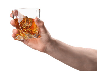 Man holding glass of whiskey with ice cubes on white background, closeup