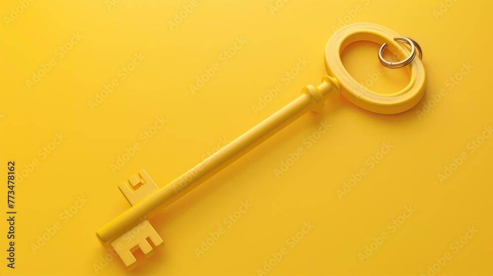Poster yellow key on a yellow surface. perfect for locksmiths or security concepts