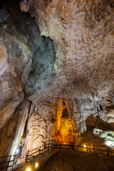 Inside the scenic and illuminated Diamond Cave (Tham Phra Nang Nai) in Railay, Krabi, Thailand.