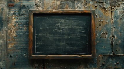 A blackboard hanging on a wooden wall, perfect for educational concepts