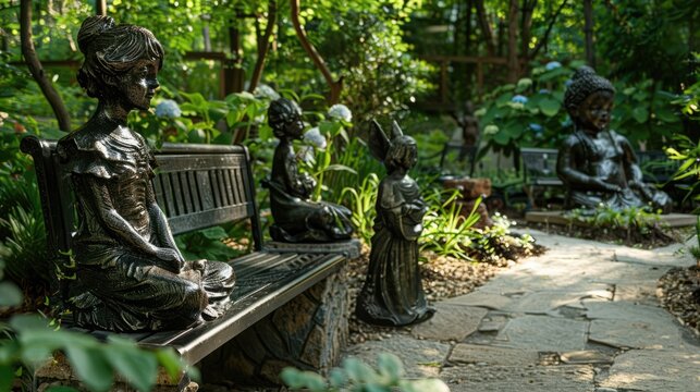 International Children's Day. Whimsical garden with fairy-tale statues and small benches, capturing childhood's magic