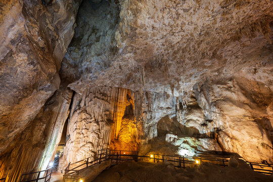 Inside the scenic and illuminated Diamond Cave (Tham Phra Nang Nai) in Railay, Krabi, Thailand.