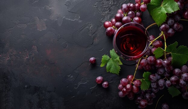 Red wine glass and grapes on dark background with copy space for text, top view Black table surface with red grape as close up photo Generative AI