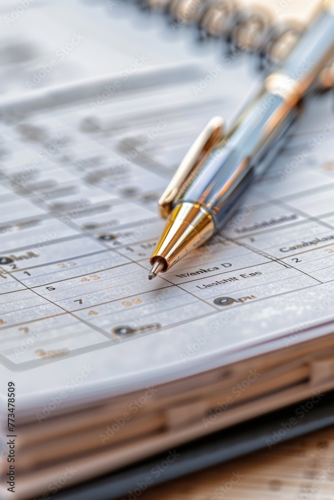 Poster close up of a pen and notebook on a table, ideal for office or education concepts