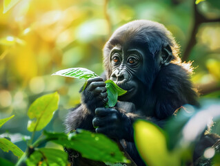 Portrait of cute baby gorilla in the jungle isolated on green background, animals and wildlife background, wallpaper