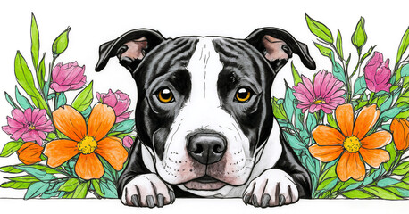 Black American Staffordshire Bull Terrier dog with flowers Staffy Puppy and flowers Marker drawing style for kids Good for Stickers Postcard Temple Cover Generative AI