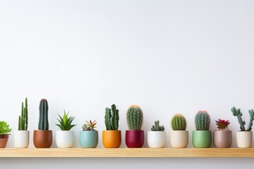 A shelf full of potted plants, including cacti and succulents