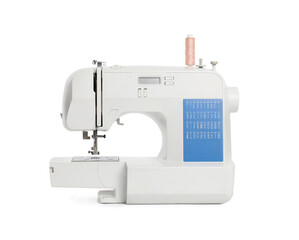 Modern sewing machine with pink thread isolated on white