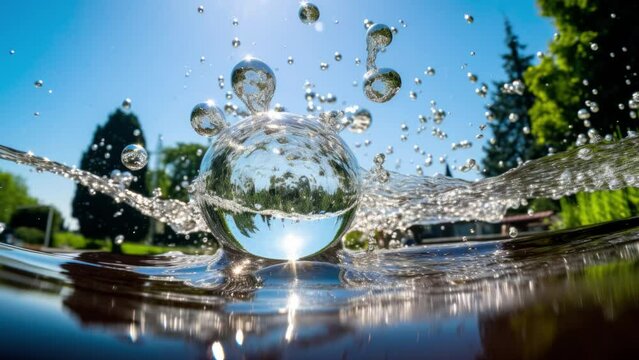 Transparent water bubbles on the ground. Against the background of the sky and trees. Wave animation. Generative AI