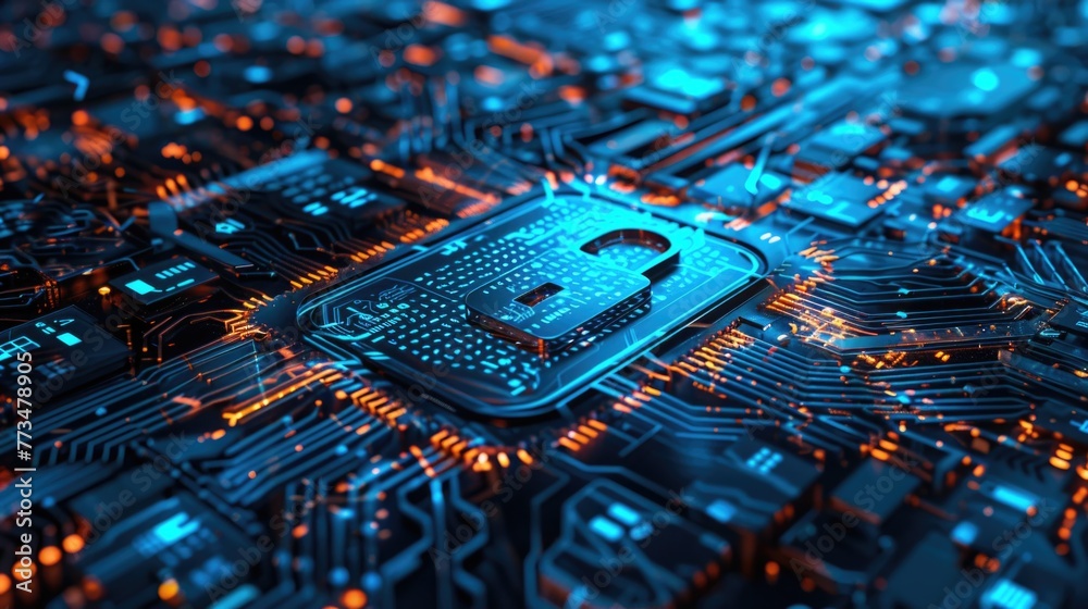 Aufkleber A detailed view of a circuit board with a padlock. Ideal for technology and security concepts