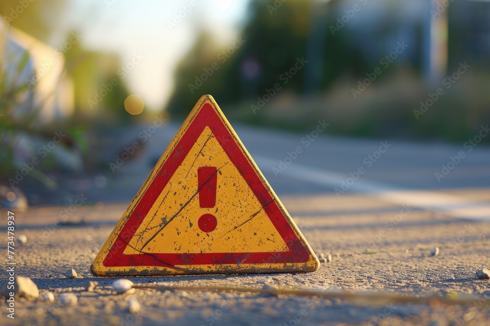 Poster a yellow and red warning sign on the side of a road. suitable for transportation safety concepts
