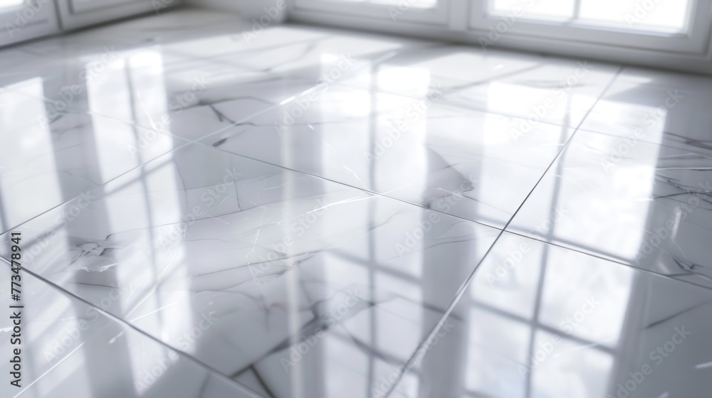 Poster A clean white tiled floor with a window in the background. Suitable for architectural and interior design concepts