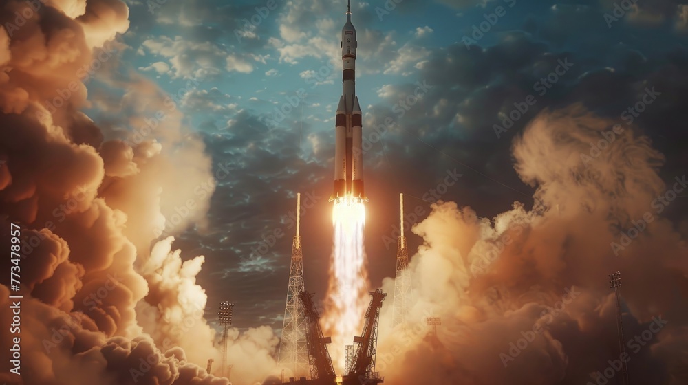 Aufkleber A rocket launching into the sky with smoke coming out of it. Suitable for science and technology concepts