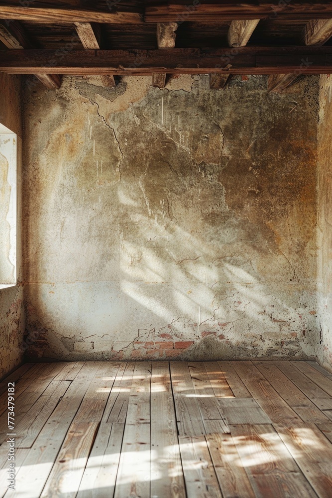 Poster Simple and versatile image of an empty room with a wooden floor and a window. Suitable for various design projects