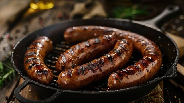 Sausages sizzling in a hot skillet, perfect for food blogs