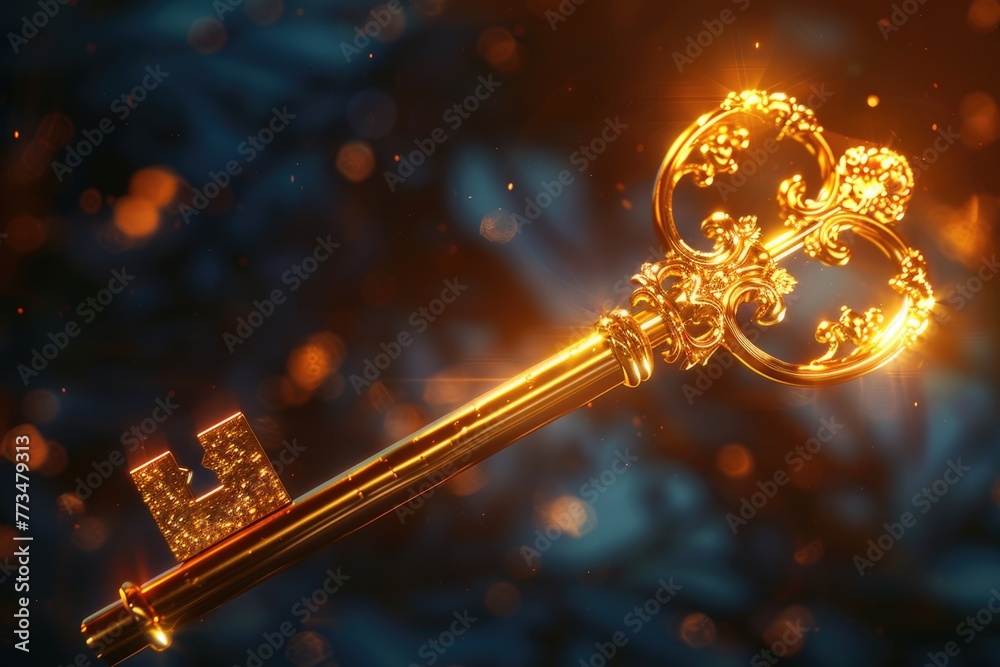Poster a golden key with intricate filigree design, suitable for various concepts and designs