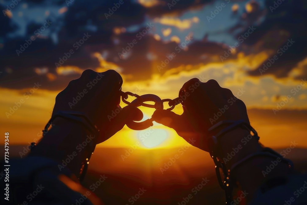 Poster A person holding a chain in front of a beautiful sunset. Ideal for illustrating concepts of freedom or strength