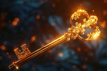 A golden key with intricate filigree design, suitable for various concepts and designs - obrazy, fototapety, plakaty