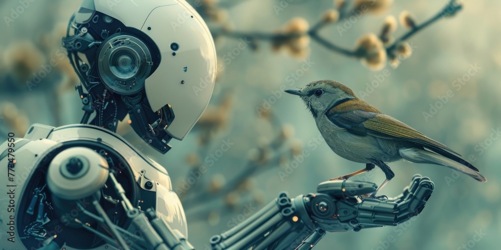 Poster a bird sitting on a robotic arm. perfect for technology concepts