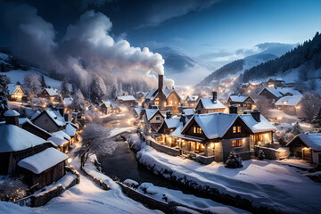 Illustrate a quaint village scene blanketed in snow, with traditional houses adorned with twinkling lights and smoke rising from chimneys.

