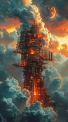 Capacity utilization illustrated by a fantastical power plant, channeling elemental forces to fuel cities in the sky