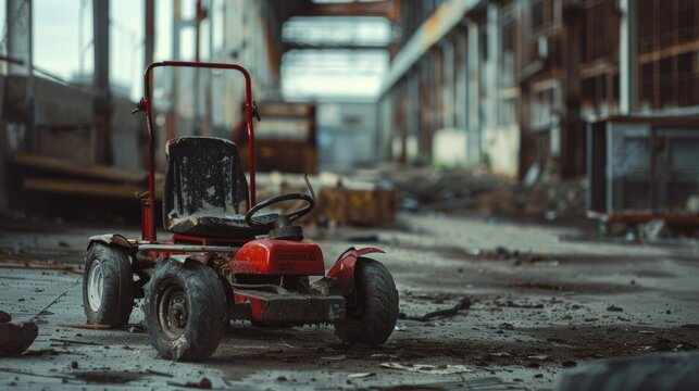 A red lawn mower sitting on top of a dirty floor. Can be used for gardening equipment advertisements