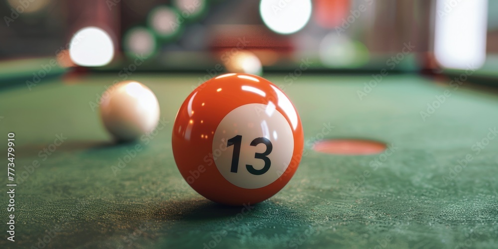 Poster a pool table with the number thirteen on it. suitable for sports and leisure concepts